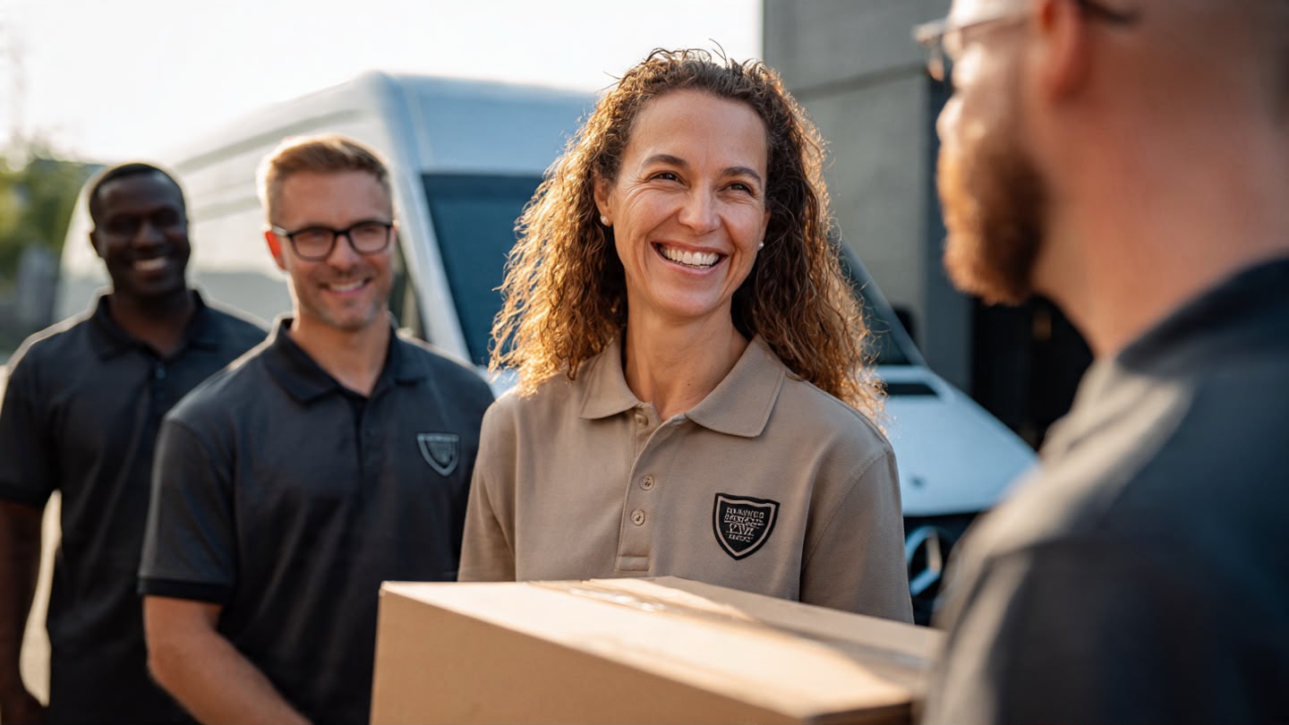 Professional expedited delivery team preparing a customer shipment